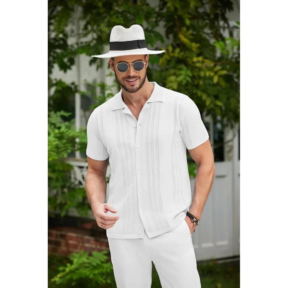 ❤️Men's White Button Down Shirt Vintage Short Sleeve Shirts Casual Beach Tops - Picture 3 of 6